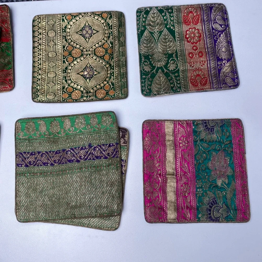 Set of 6 Vintage Brocade Fabric Coasters Multicolor Gold Metallic Embroidered
